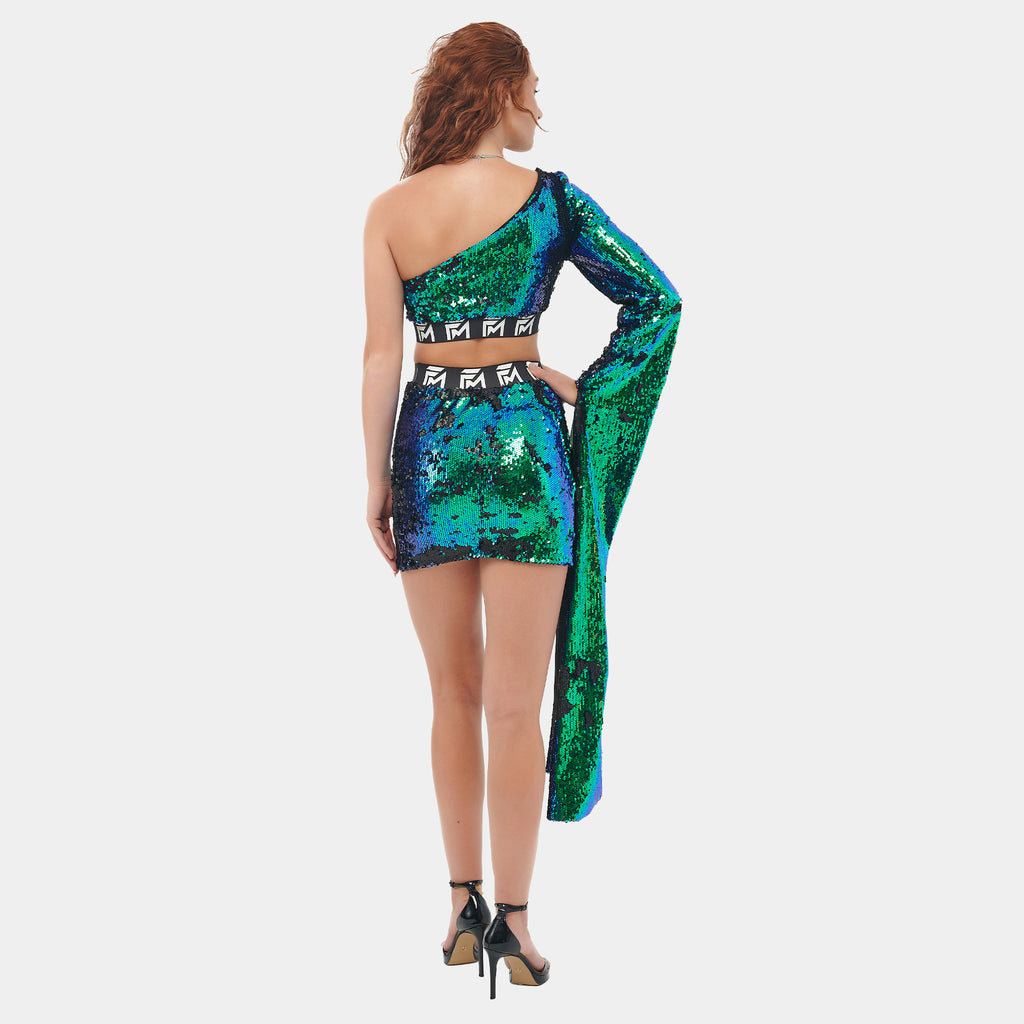 One Shoulder Emerald Blue Sequin Dress Set