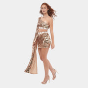 One Shoulder Golden Sequin Dress Set