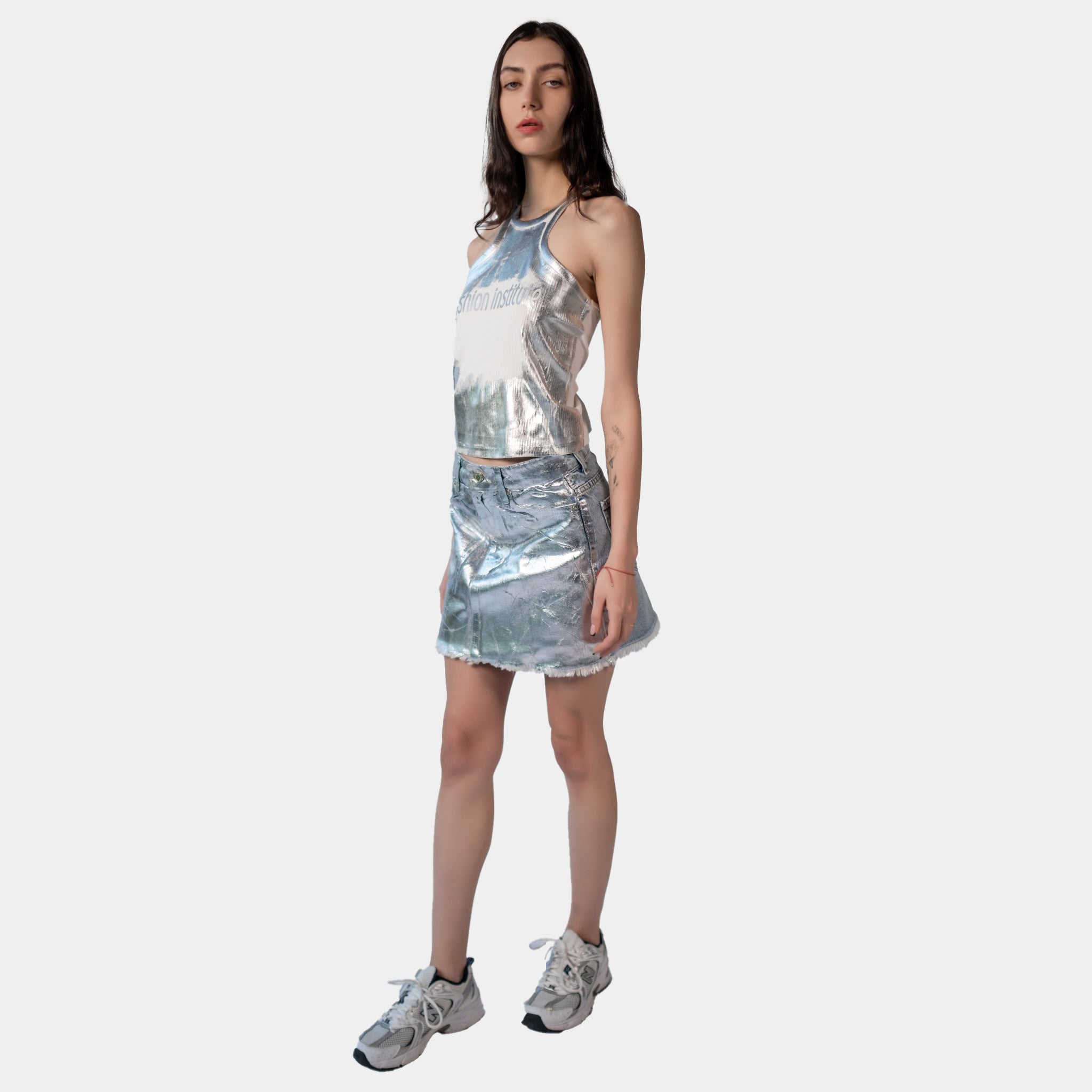 White Silver Holographic Design Halter Top