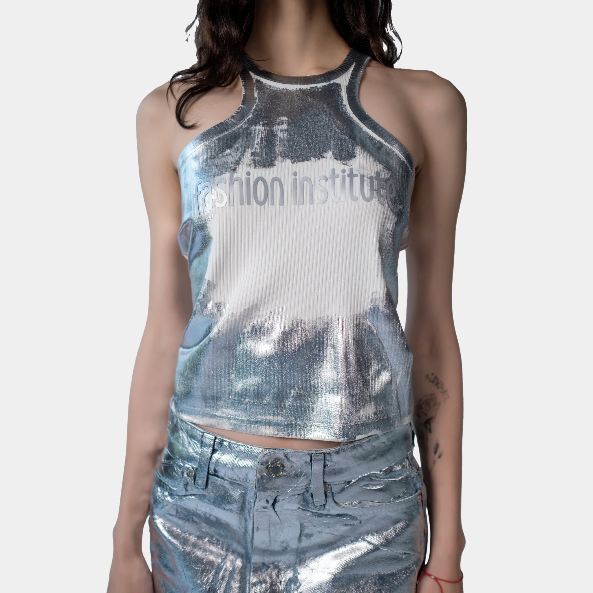 White Silver Holographic Design Halter Top