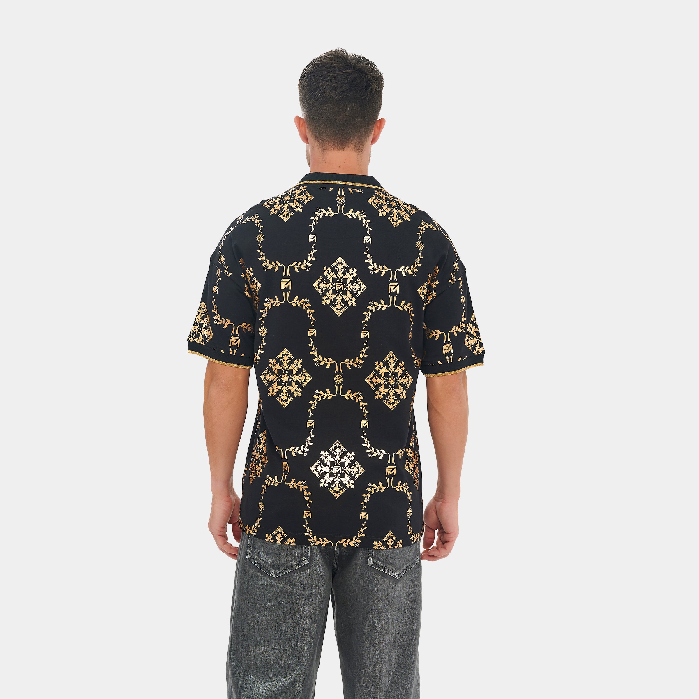 Printed Black and Gold Reflective Collared T-Shirt