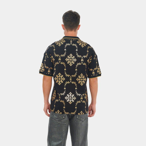 Printed Black and Gold Reflective Collared T-Shirt