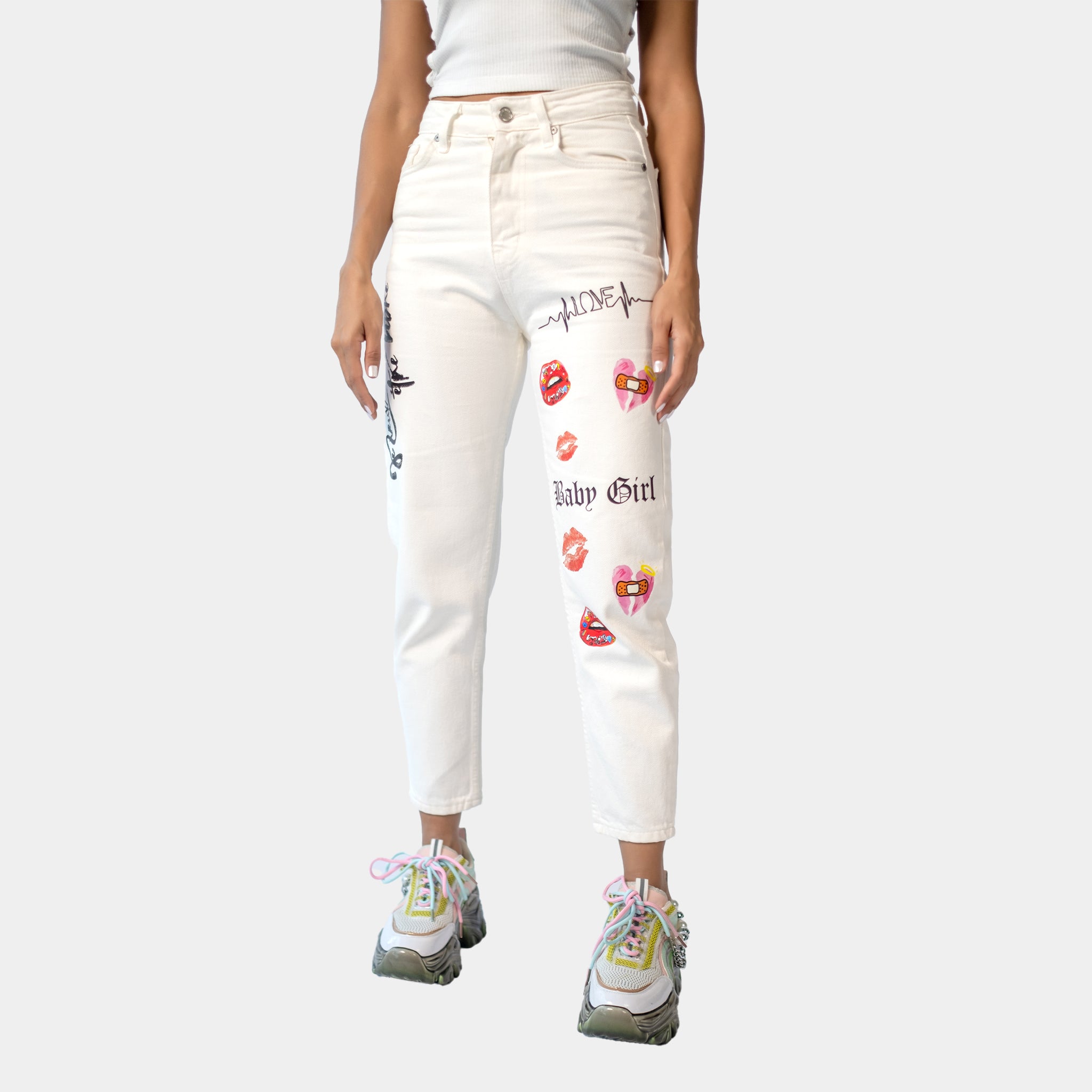 White Baby Girl Jeans with Lips Print