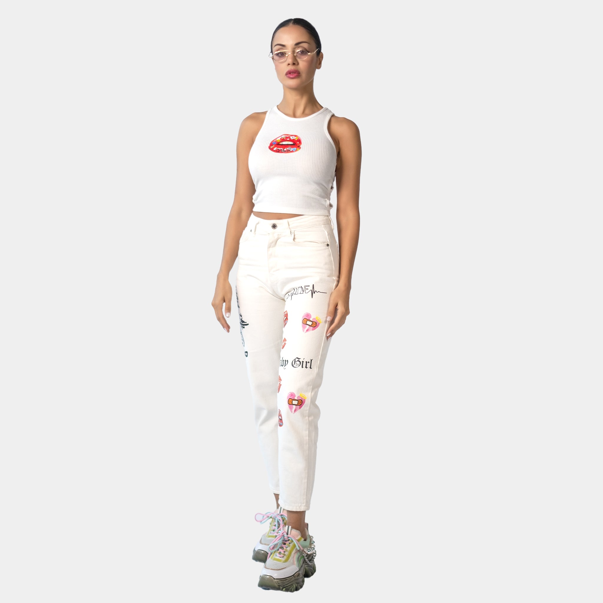 White Baby Girl Jeans with Lips Print