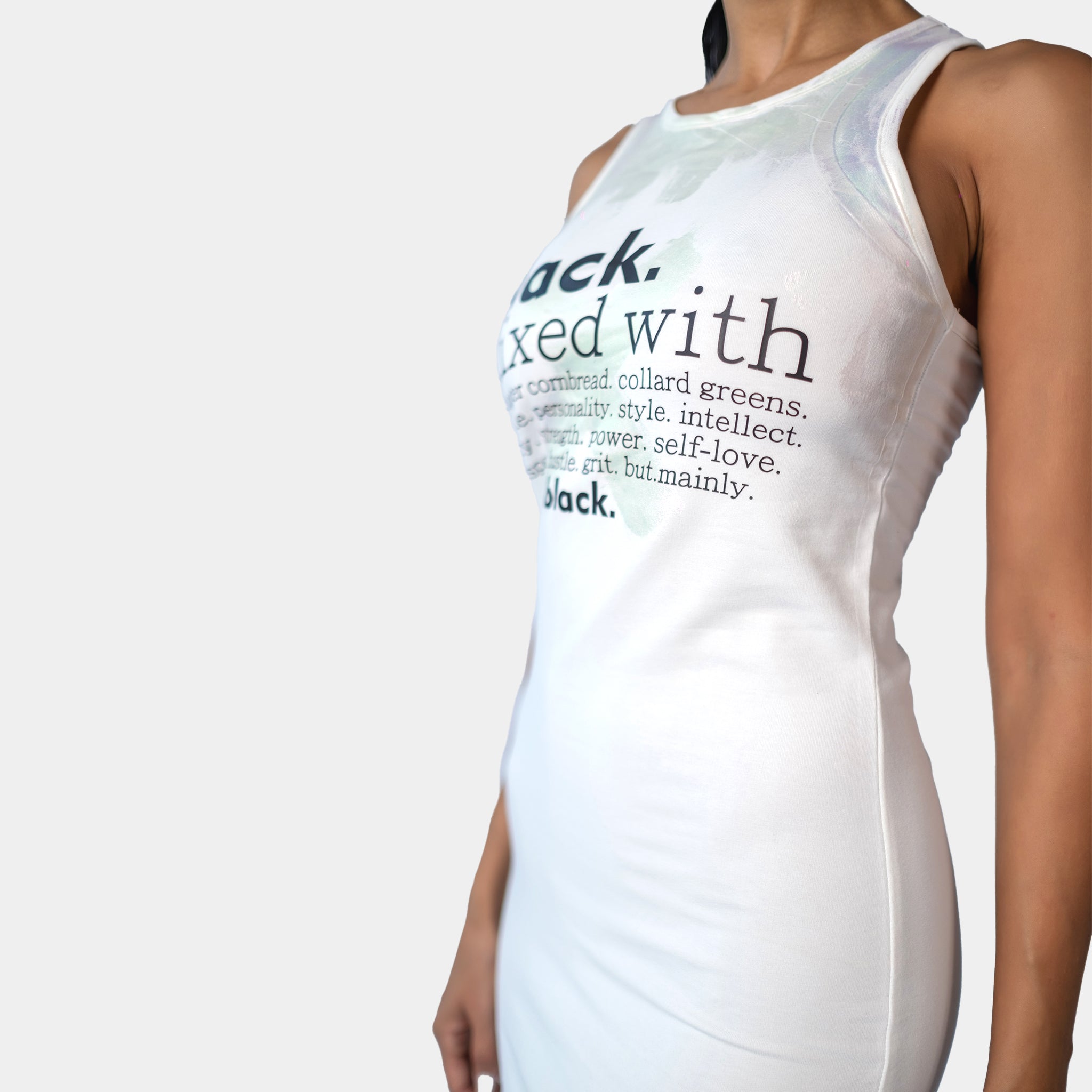 White Jersey Dress with Black Text Print