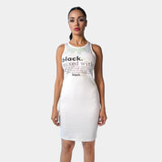 White Jersey Dress with Black Text Print