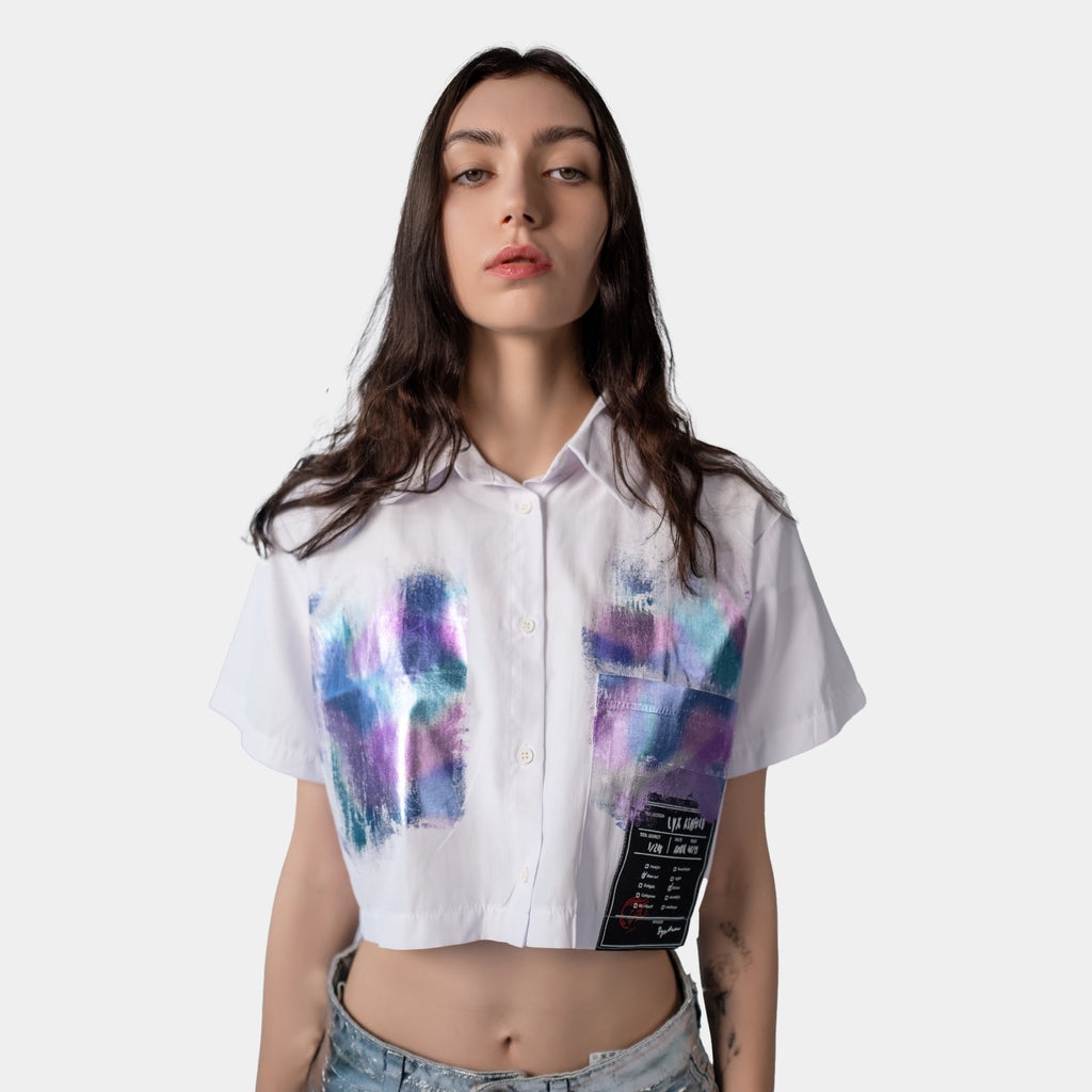 White Shirt with Rainbow Holographic Print