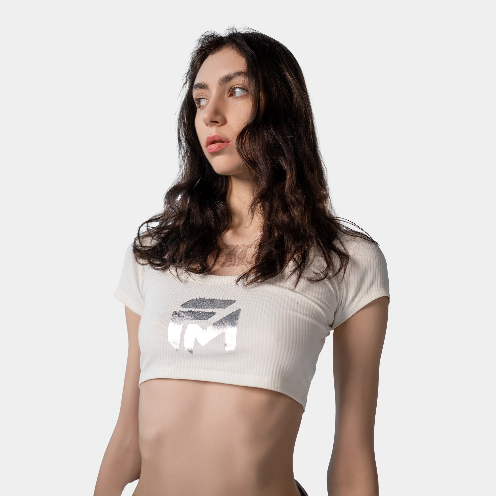 White Lined Crop Tshirt with FM Logo