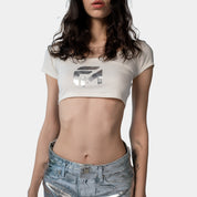 White Lined Crop Tshirt with FM Logo