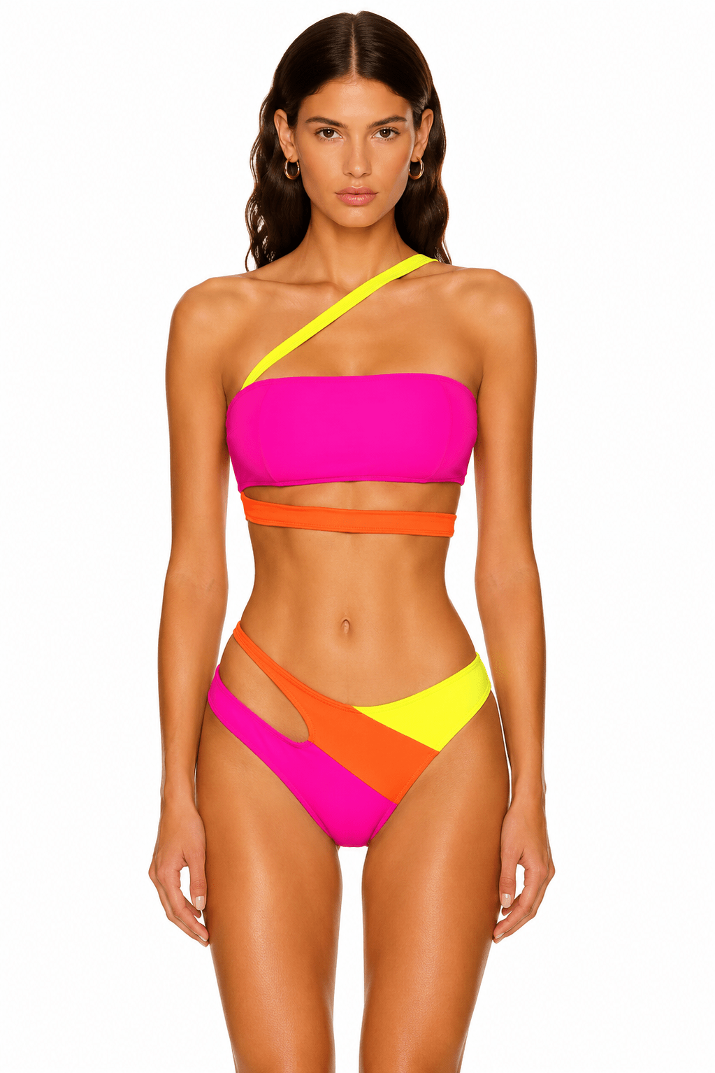 Front view of model wearing the pink and yellow asymmetric Bandeau Block-colour Swim Set by Flashmob Nation.