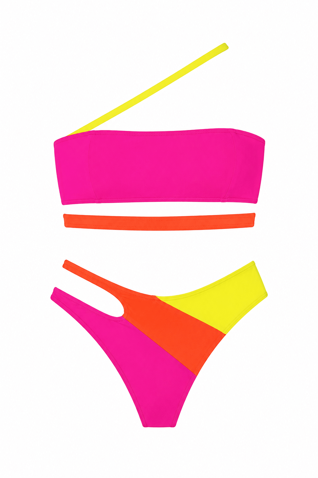 Flat studio view of the Women's Bandeau Block-colour Swimwear Set in vibrant pink, orange, and yellow by Flashmob Nation.