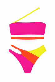Flat studio view of the Women's Bandeau Block-colour Swimwear Set in vibrant pink, orange, and yellow by Flashmob Nation.