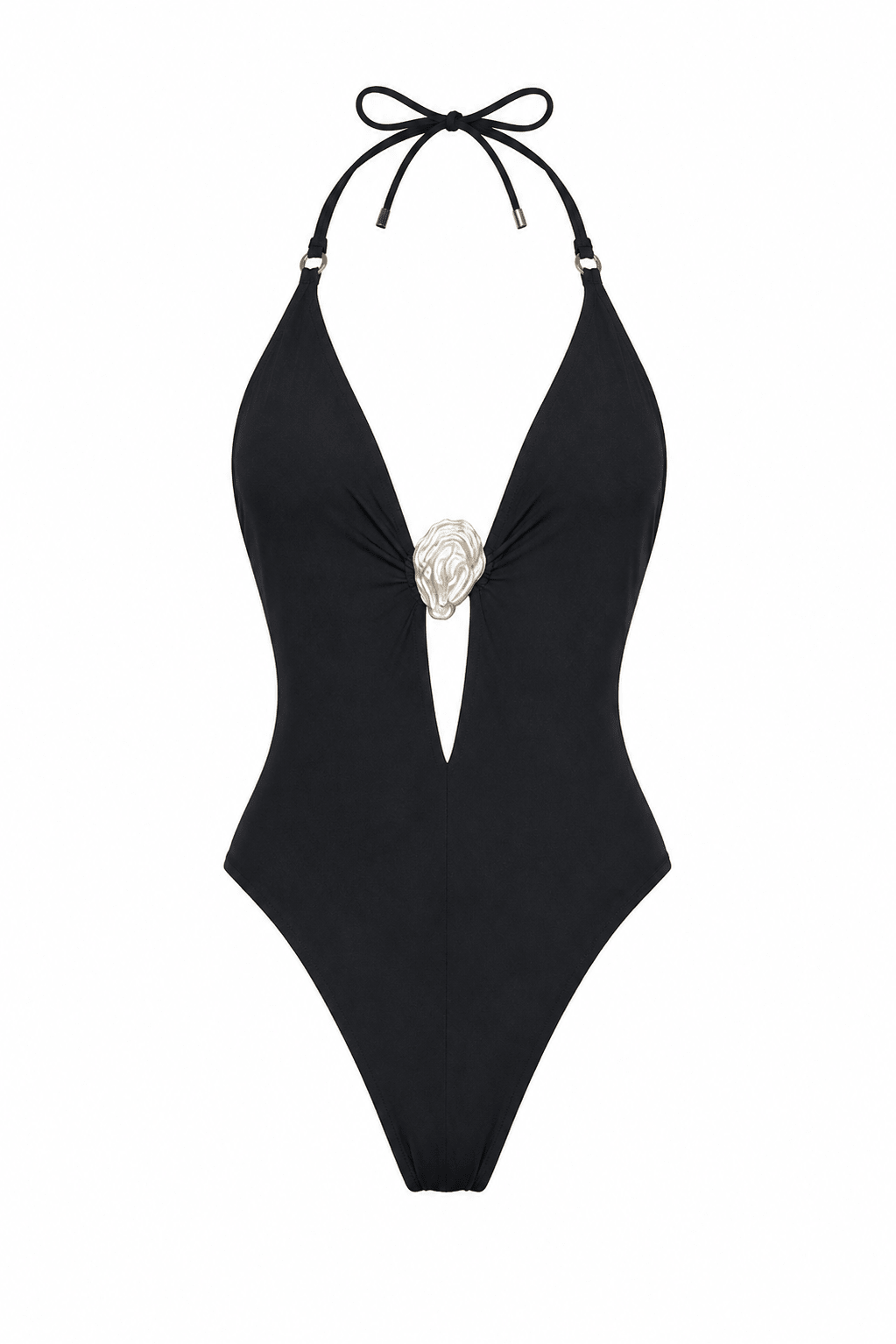 Flat studio view of the Women's Black Plunge Halter Midi Swimwear Set highlighting the deep neckline by Flashmob Nation.