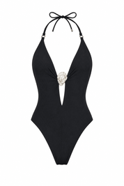 Flat studio view of the Women's Black Plunge Halter Midi Swimwear Set highlighting the deep neckline by Flashmob Nation.
