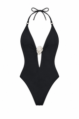 Black Plunge Halter Midi Set