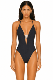 Front view of model wearing the premium minimalist Black Plunge Halter Midi Swim Set by Flashmob Nation.