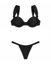 Flat studio view of the Women's Black Underwire Balconette Swimwear Set showing structured cups by Flashmob Nation.