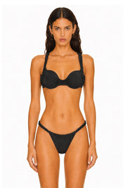 Front view of model wearing the premium minimalist Black Underwire Balconette Swim Set by Flashmob Nation.