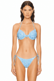 Front view of model wearing the shimmering Blue Sequin Floral Underwire Swim Set with premium detailing by Flashmob Nation.