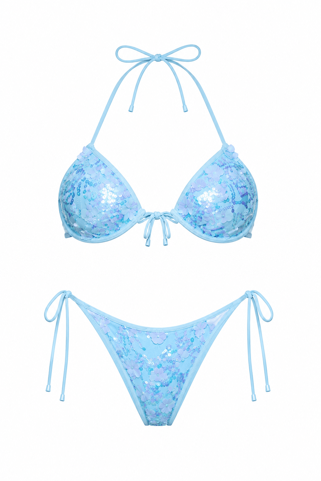 Flat studio view of the Women's Blue Sequin Floral Underwire Swimwear Set showing structured cups by Flashmob Nation.