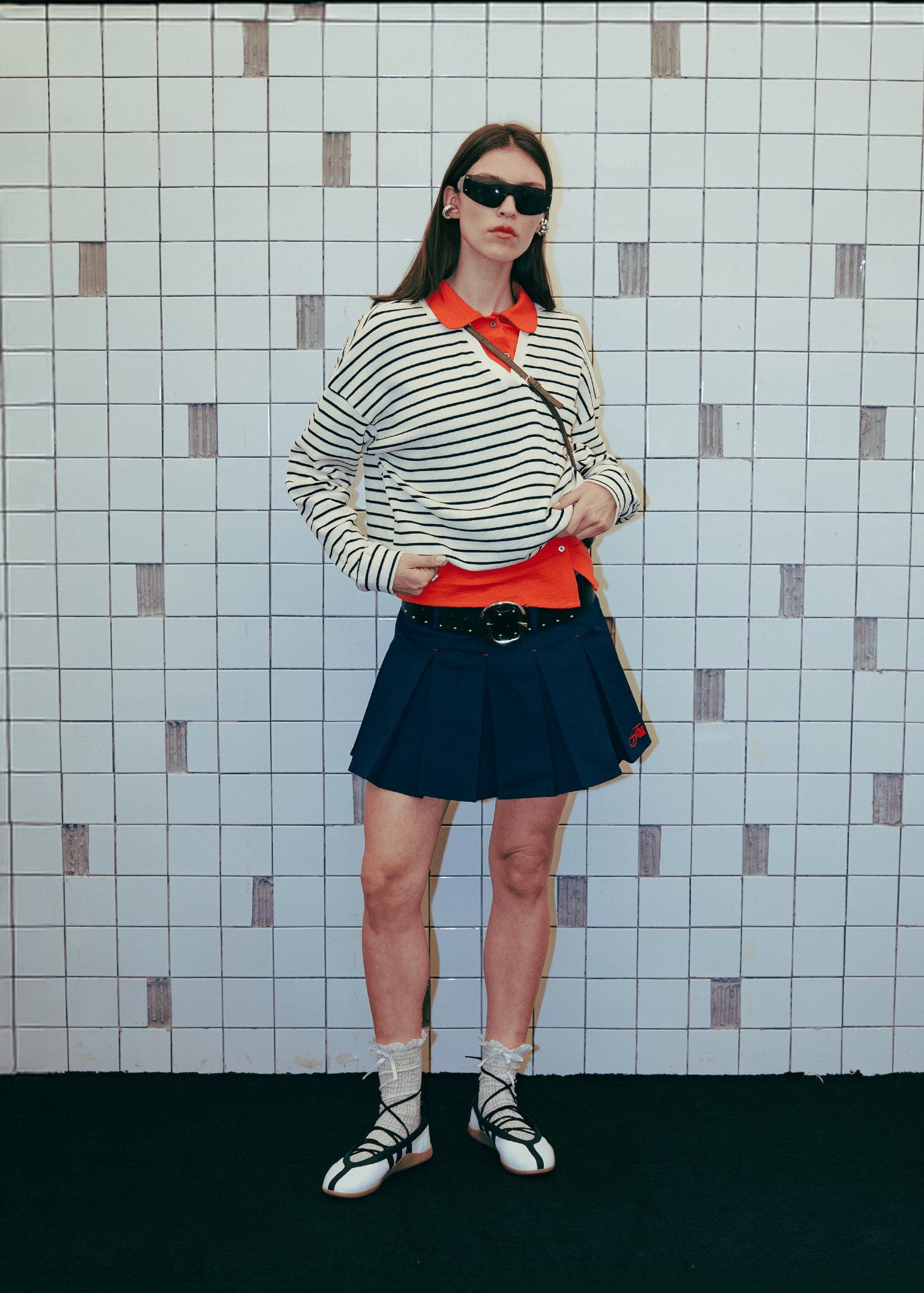 Clove Pleated Bowling Skirt styled with a Americana Striped Knit polo