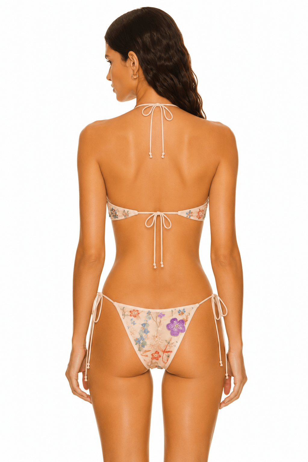 Back view of model wearing the premium Floral Embroidered Underwire Swim Set with clean supportive lines by Flashmob Nation.