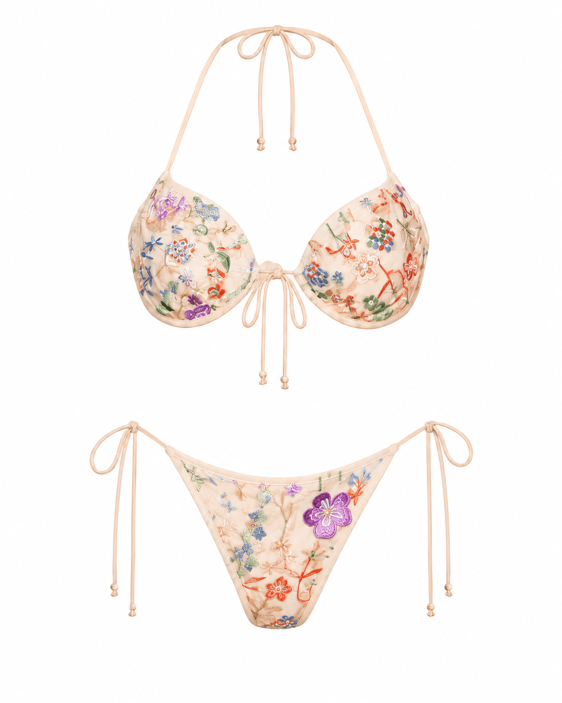 Flat studio view of the Women's Floral Embroidered Underwire Swimwear Set highlighting the detailed cups by Flashmob Nation.
