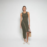 FM Buttoned Maxi Dress – Sleeveless Asymmetric Cut in Lightweight Fabric