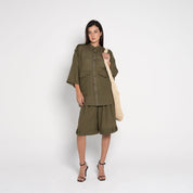Model wearing Linen Set with stand collar and flap pockets
