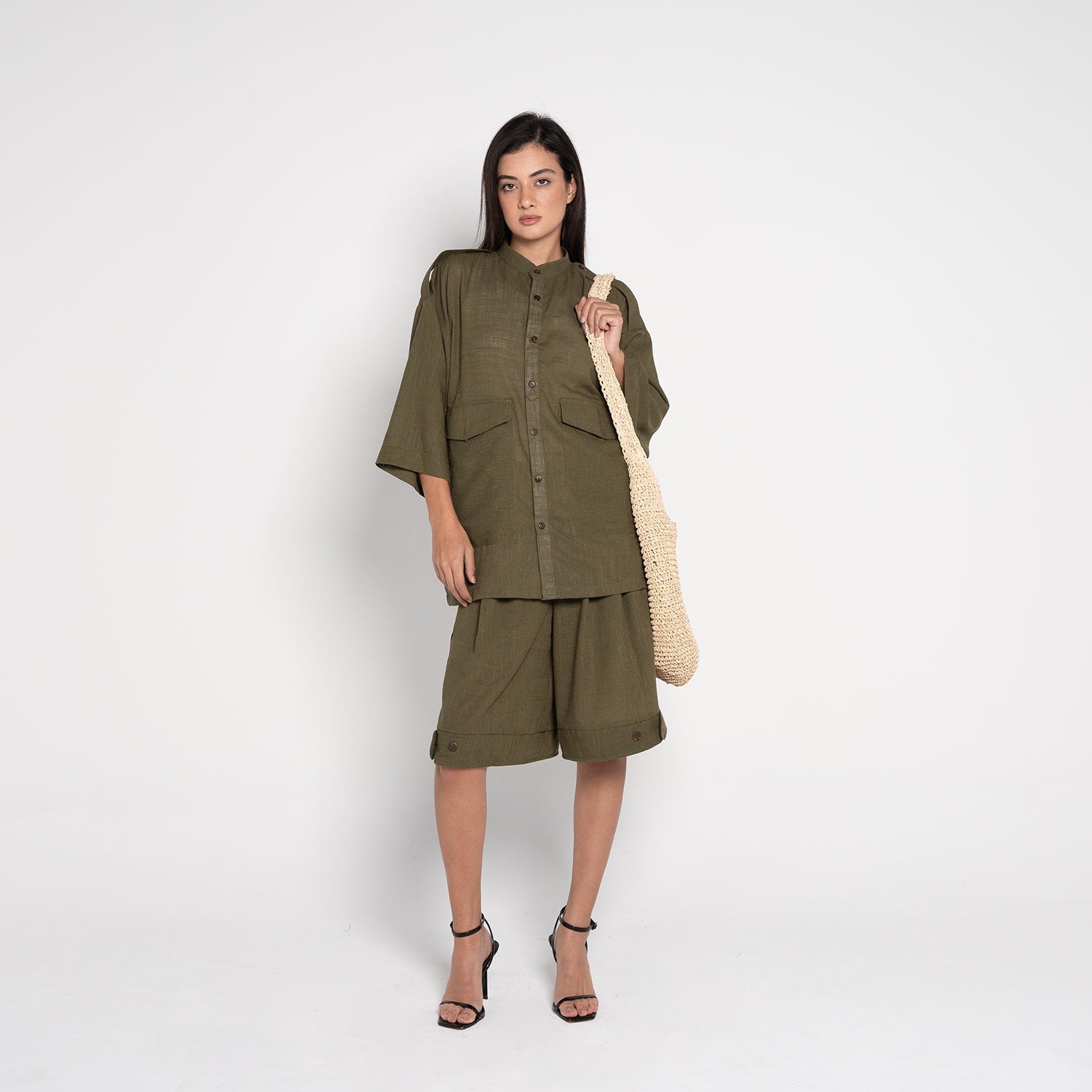 Model wearing Linen Set with stand collar and flap pockets
