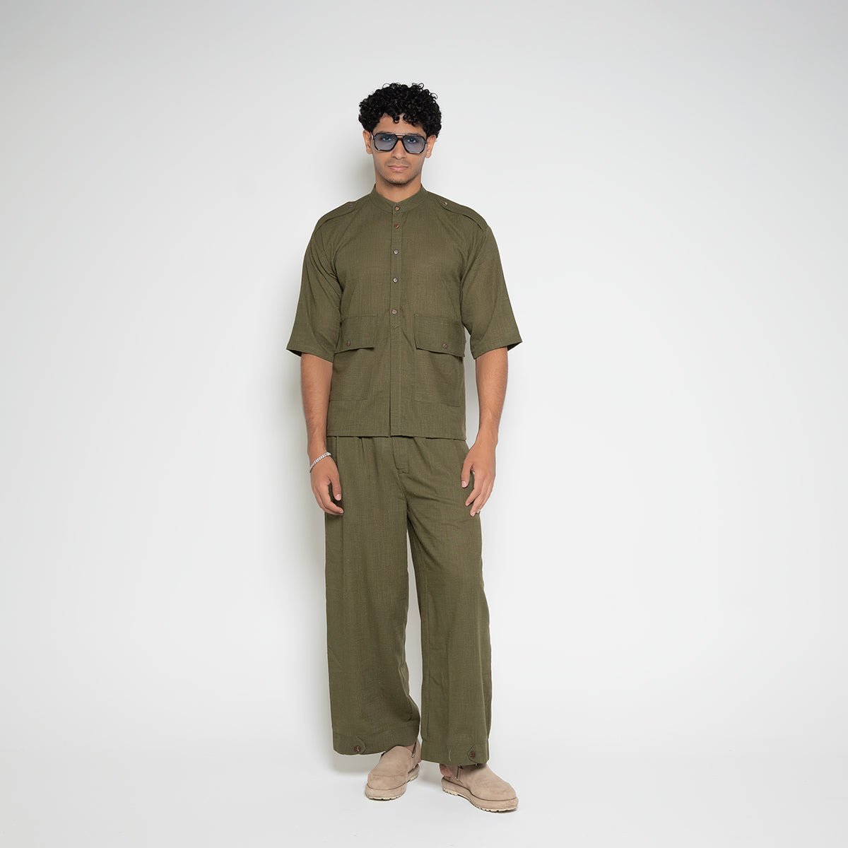 Model wearing Army Green Carpenter Pants – Flashmob Nation