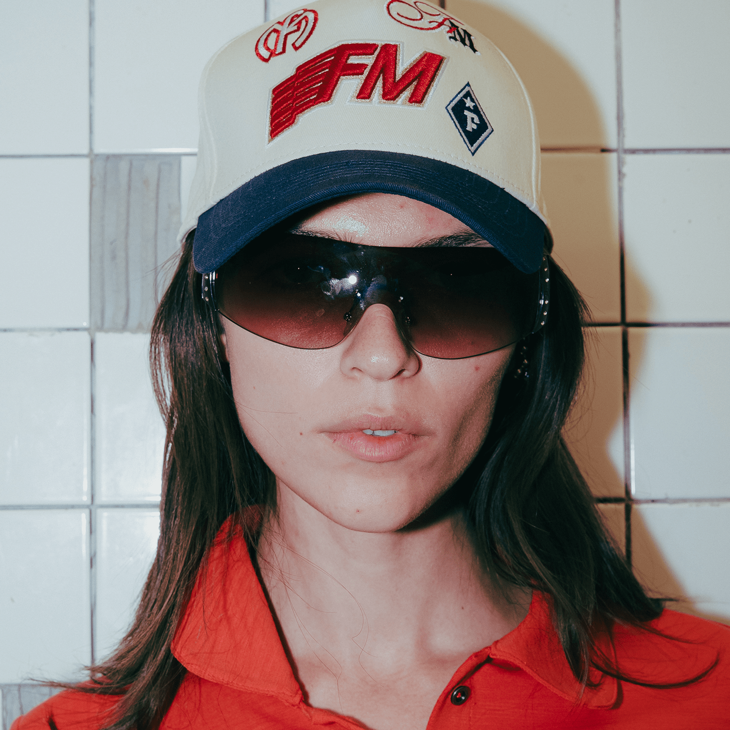 Unisex vintage embroidered Emblem Cap in beige with FM signature emblem.