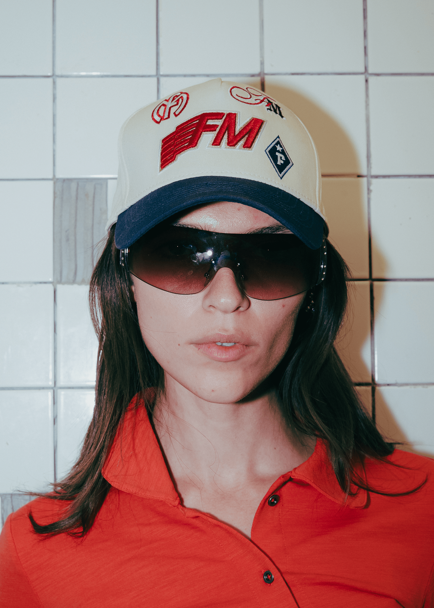 Unisex vintage embroidered Emblem Cap in beige with FM signature emblem.