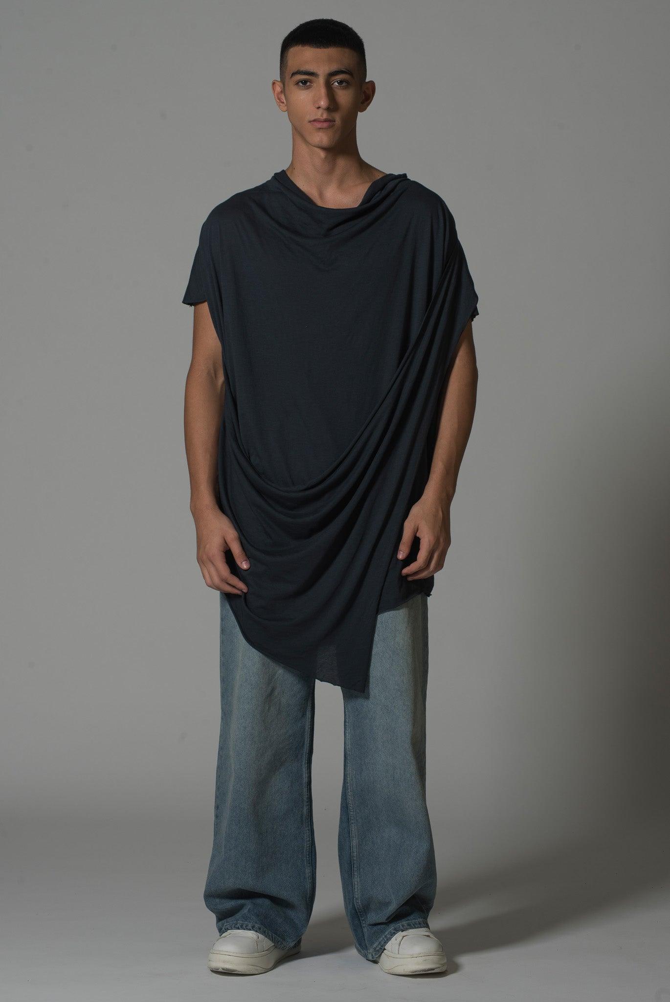 Longline T-Shirt with draped front in matte deep black, relaxed fit, cowl neck, short sleeves, paired with wide-leg jeans.