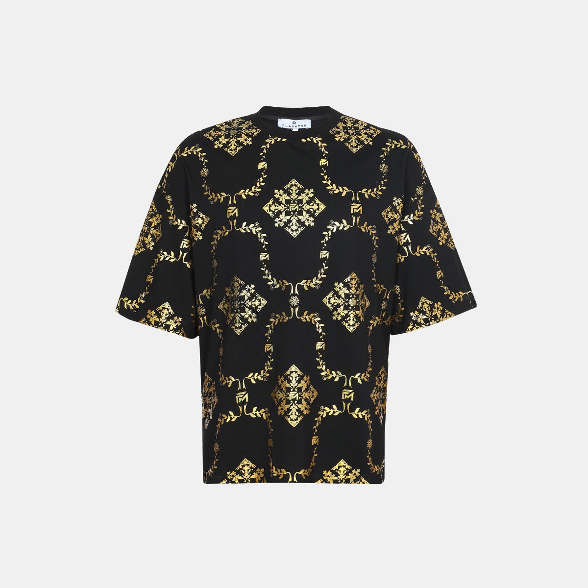 Men’s black gold reflective graphic streetwear t-shirt in a boxy oversized fit.