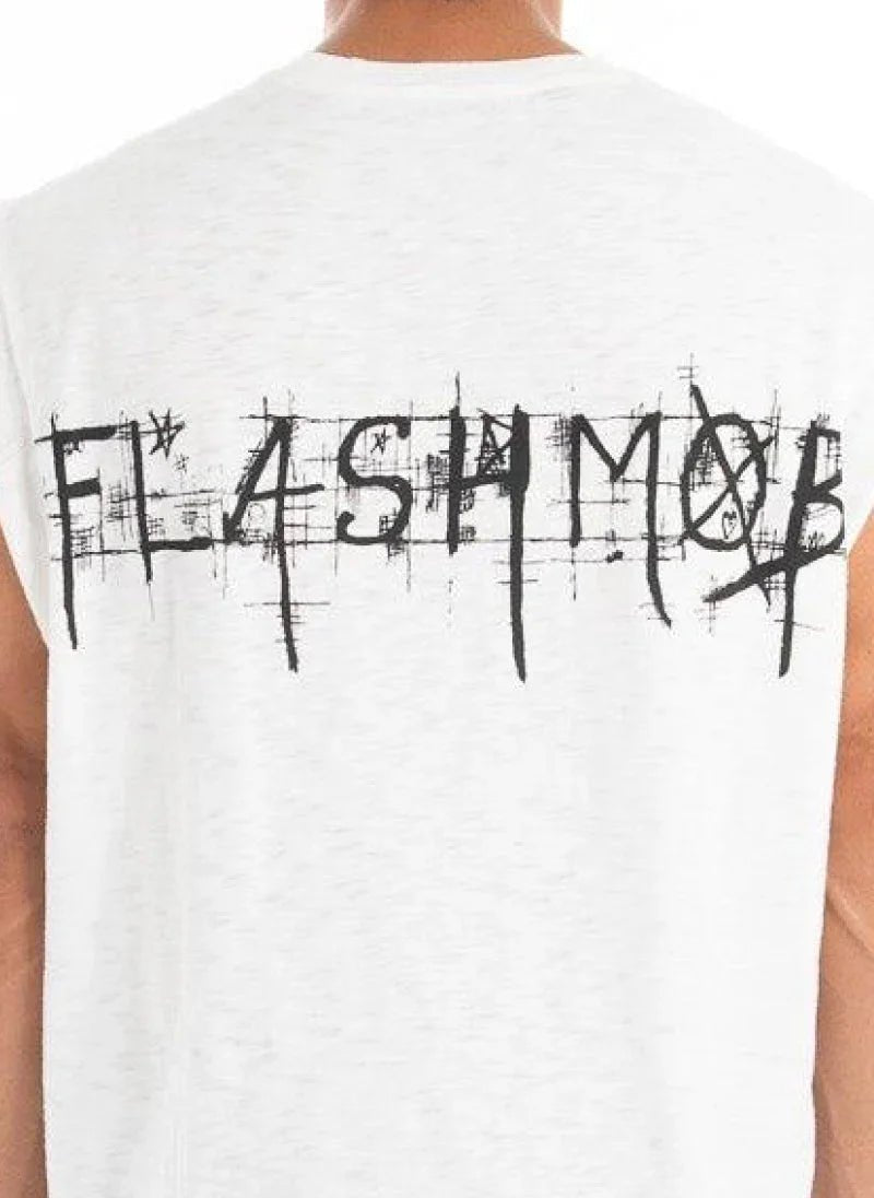 Men’s Sleeveless White Drop Shoulder Oversized T-Shirt - Flashmob Nation