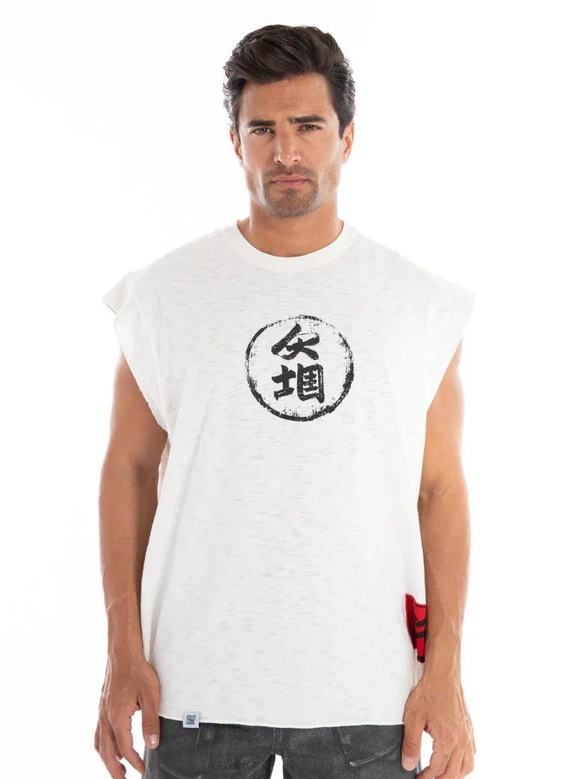 Men’s Sleeveless White Drop Shoulder Oversized T-Shirt - Flashmob Nation