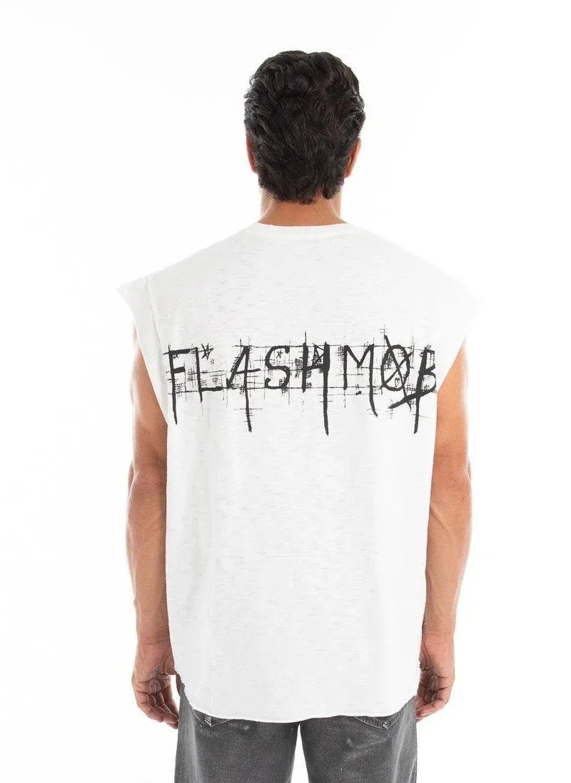 Men’s Sleeveless White Drop Shoulder Oversized T-Shirt - Flashmob Nation