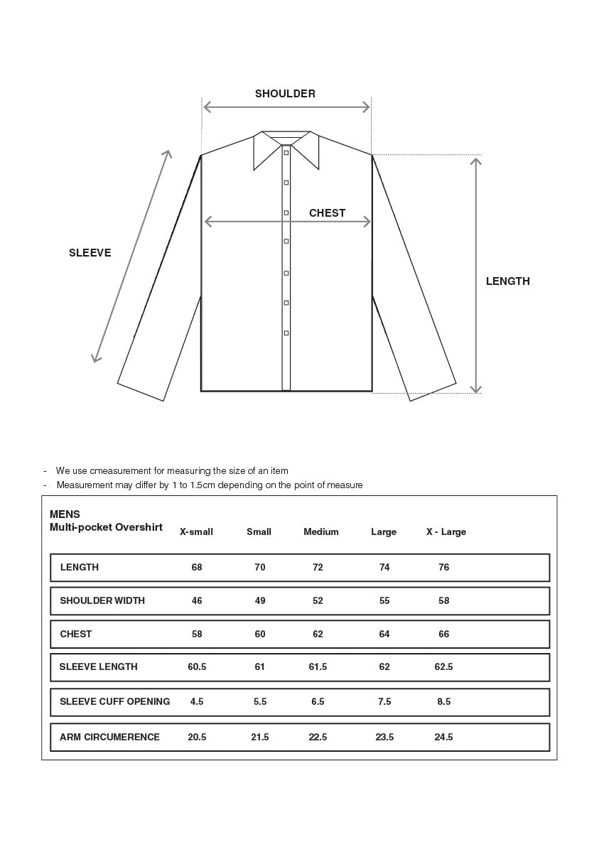 Technical size chart and fit guide for Multi - pocket Overshirt - White Onyx