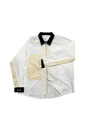 Men’s white poplin baseball overshirt with multicolor contrast patches.