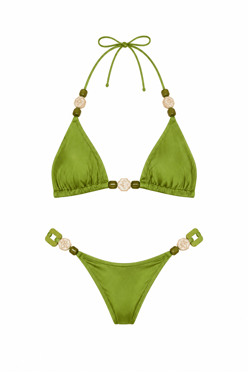 Flat studio view of the Women's Olive Green Beaded Triangle Swimwear Set showing strap detailing by Flashmob Nation.