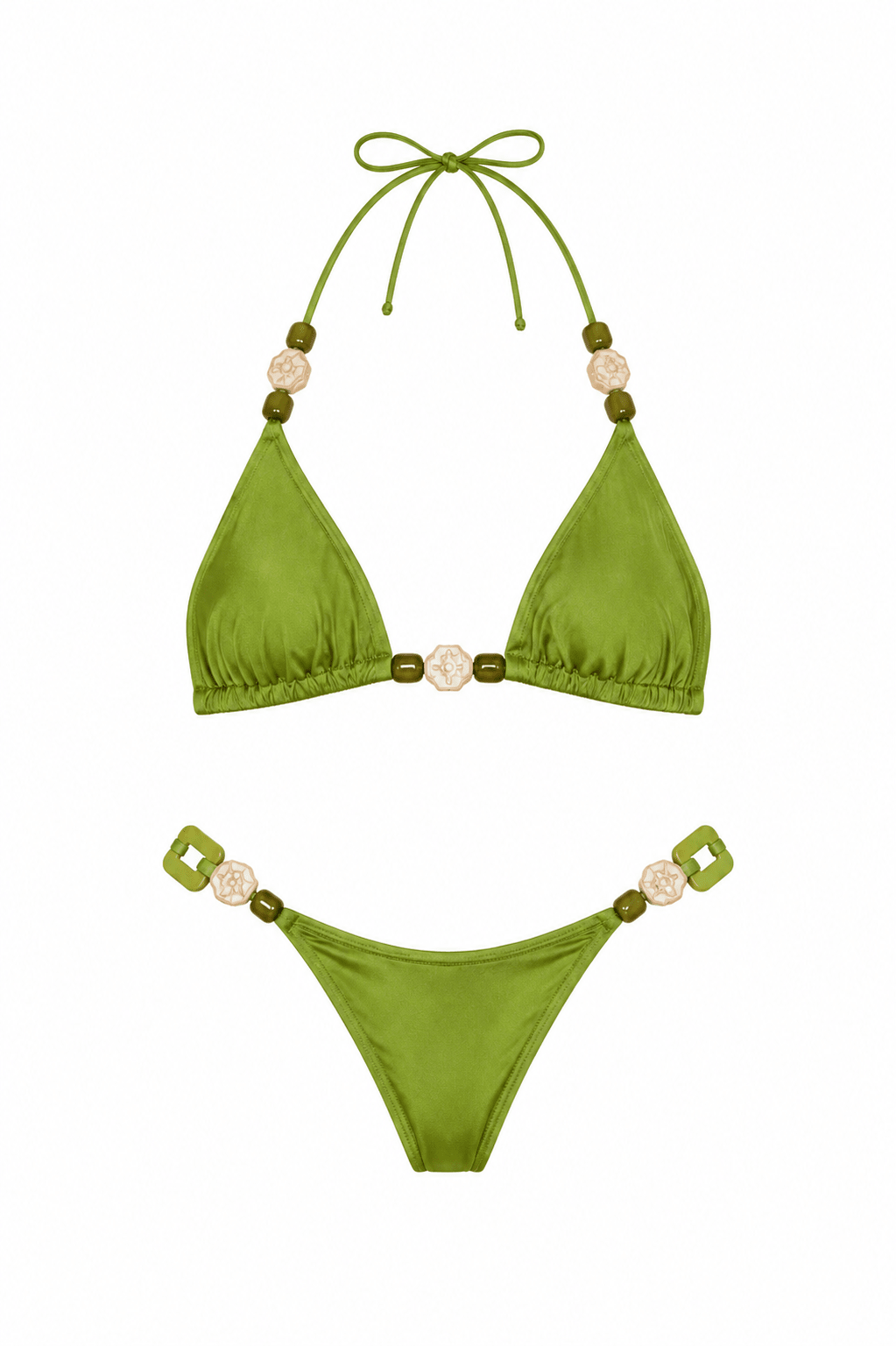 Flat studio view of the Women's Olive Green Beaded Triangle Swimwear Set showing strap detailing by Flashmob Nation.
