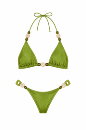 Flat studio view of the Women's Olive Green Beaded Triangle Swimwear Set showing strap detailing by Flashmob Nation.