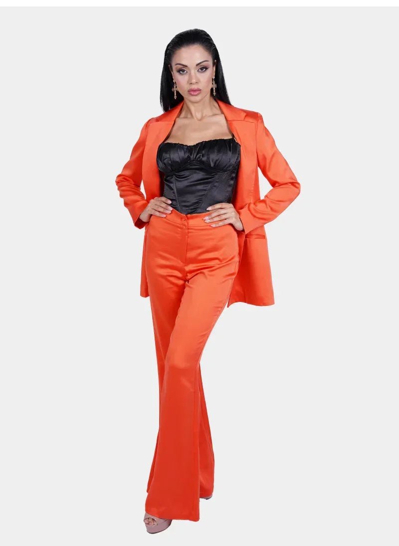 Orange Satin Deep V Suit for Women - Flashmob Nation