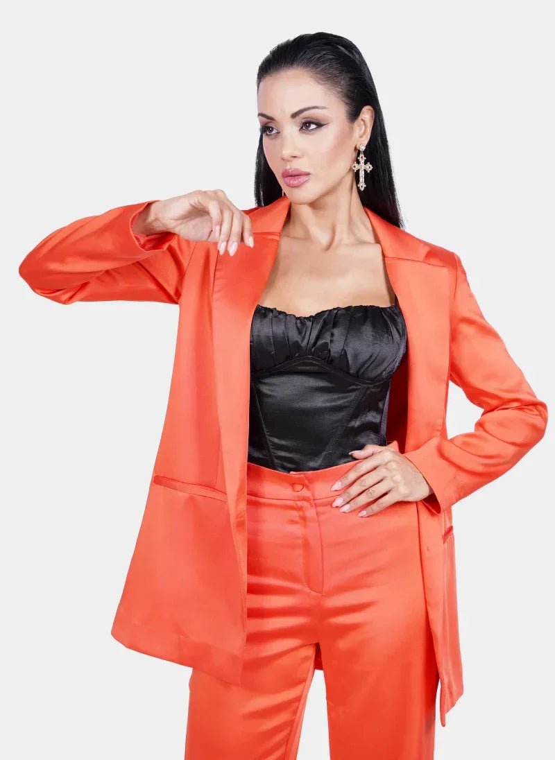 Orange Satin Deep V Suit for Women - Flashmob Nation