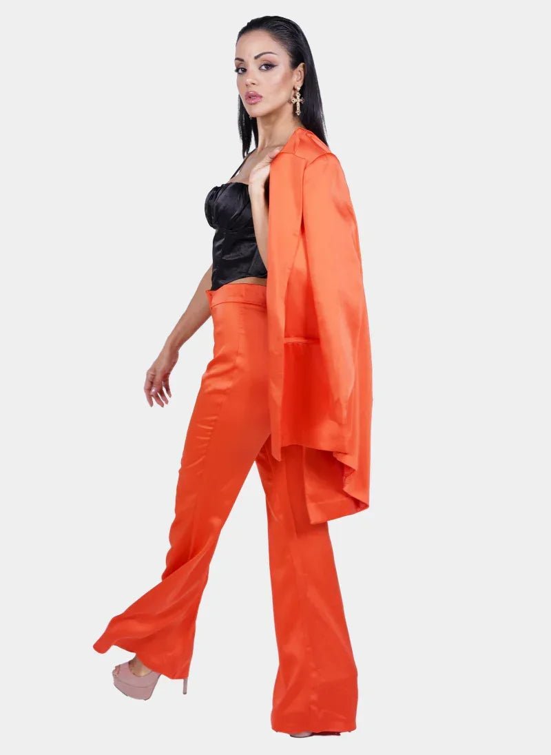 Orange Satin Deep V Suit for Women - Flashmob Nation