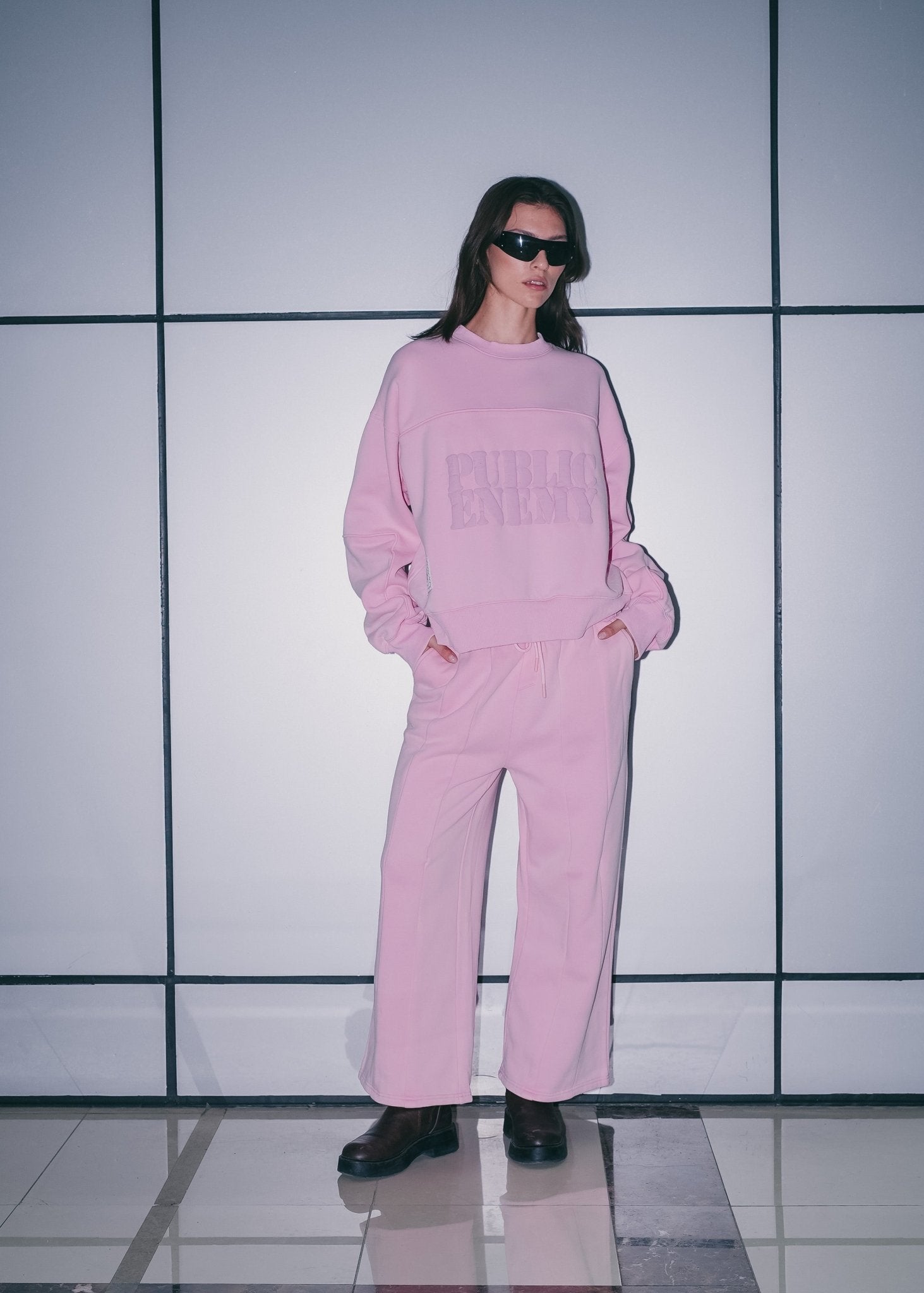 Women's Pink Relaxed Sweatpants with tonal FM embroidery.