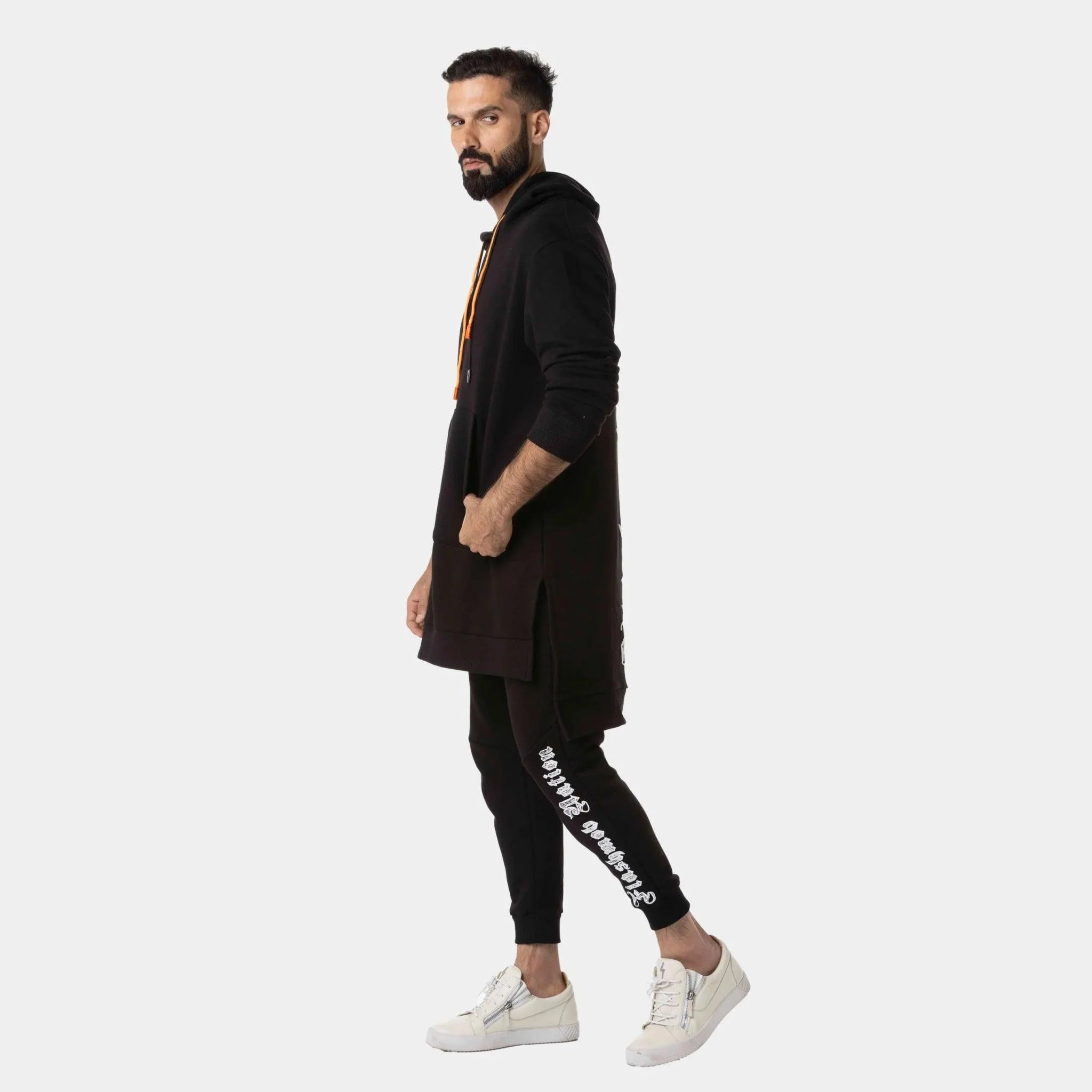 Printed Black Jogger Pants by Flashmob Nation with white gothic text branding.