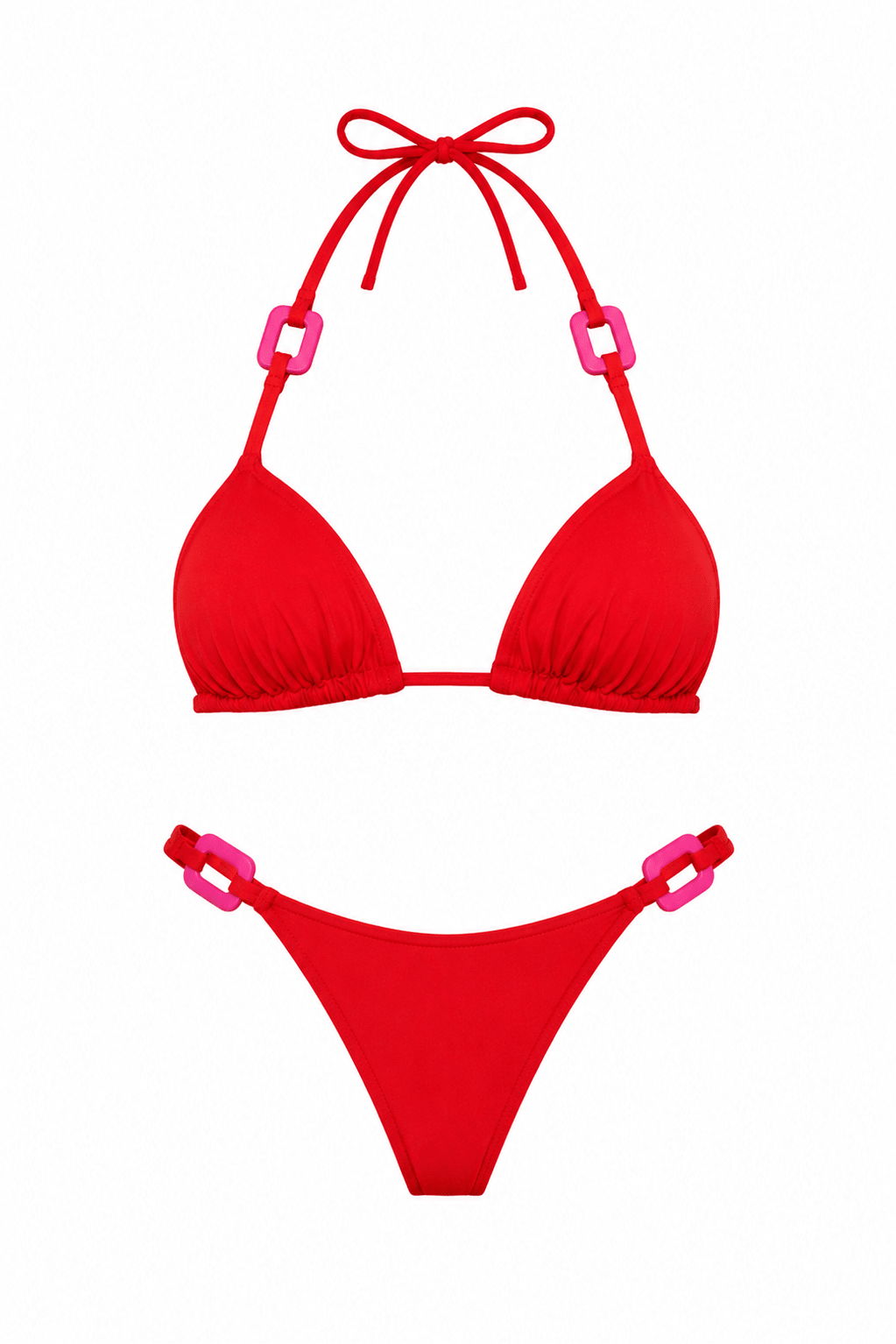 Flat studio view of the Women's Red Triangle Swimwear Set featuring black contrast buckle detailing by Flashmob Nation.