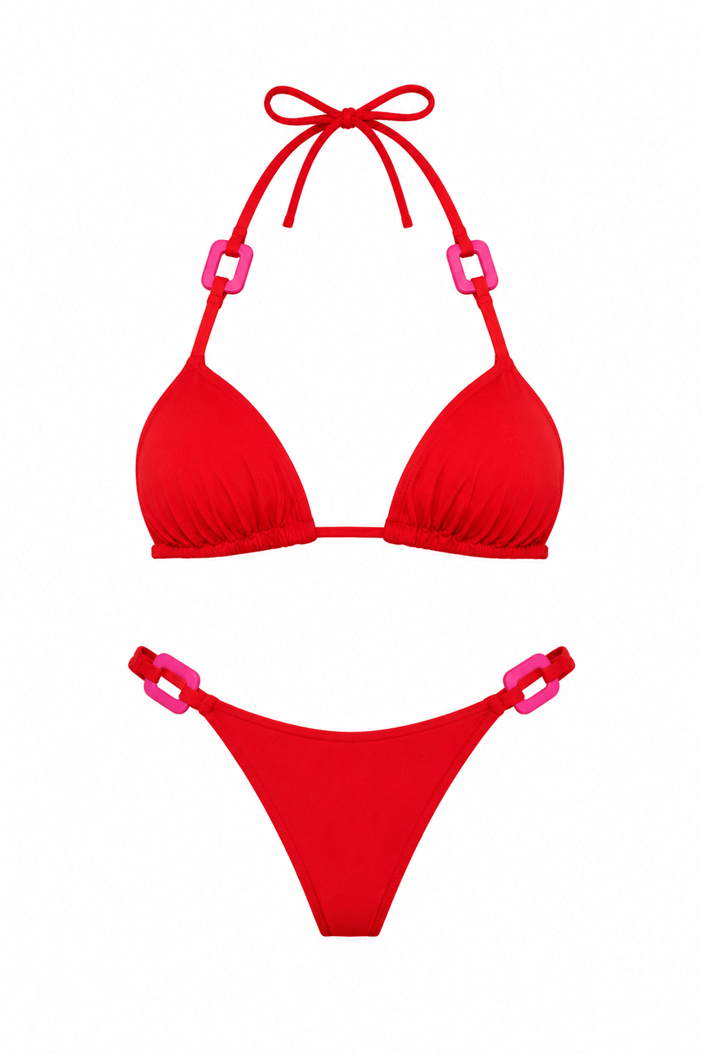 Flat studio view of the Women's Red Triangle Swimwear Set featuring black contrast buckle detailing by Flashmob Nation.